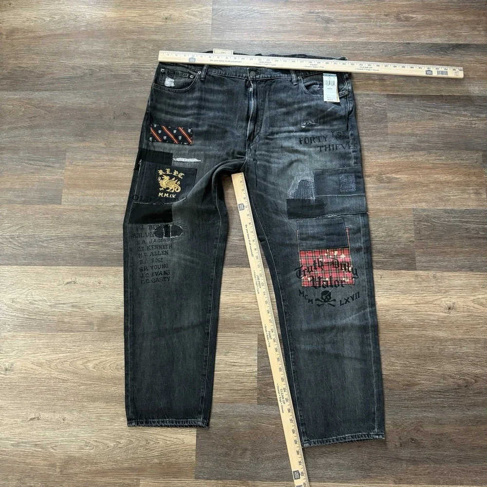 Polo Ralph Lauren Jeans Mens 44Bx30‎ Black Varick Slim Straight Patchwork Grunge